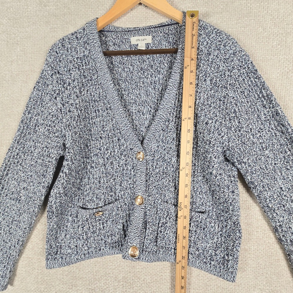 ON‎ 34TH Womens Blue White Marled Cotton Knit Cardigan Gold Crest Buttons Large - Picture 3 of 10